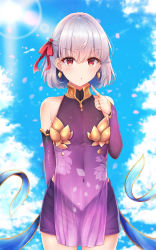 Rule 34 | 1girl, bare shoulders, blue sky, blush, closed mouth, cloud, cloudy sky, collarbone, covered collarbone, covered navel, cowboy shot, day, detached sleeves, dress, earrings, endsmall min, fate/grand order, fate (series), hair between eyes, hair ribbon, hand up, highres, jewelry, kama (fate), kama (first ascension) (fate), long sleeves, looking at viewer, navel, outdoors, pointing, pointing at self, purple dress, purple skirt, purple sleeves, red eyes, red ribbon, ribbon, see-through, signature, silver hair, skirt, sky, sleeveless, sleeveless dress, sleeves past wrists, solo, standing, sunlight
