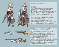 Rule 34 | 1girl, absurdres, blue eyes, brown hair, eyewear on head, gun, handgun, highres, holding, holding gun, holding weapon, information sheet, jacket, looking at viewer, open clothes, open jacket, original, rifle, rivun, science fiction, scope, shoes, shorts, sniper rifle, solo, sunglasses, translation request, weapon