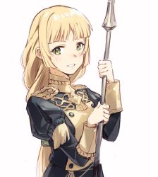 Rule 34 | 1girl, blonde hair, braid, braided ponytail, fire emblem, fire emblem: three houses, green eyes, highres, holding, holding weapon, ingrid brandl galatea, long hair, long sleeves, nintendo, parted lips, polearm, simple background, single braid, solo, tugo, uniform, upper body, weapon, white background