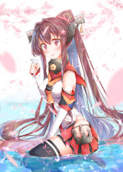 Rule 34 | 1girl, anchor, armband, black thighhighs, blush, brown eyes, brown hair, cherry blossoms, closed mouth, clothing cutout, commentary, cup, day, detached sleeves, flower, hair flower, hair ornament, headgear, highres, hip vent, holding, holding cup, kantai collection, long hair, looking at viewer, makina00, neckerchief, orange neckerchief, outdoors, partially submerged, petals, ponytail, sailor collar, shirt, side cutout, single horizontal stripe, sitting, skirt, sky, sleeveless, sleeveless shirt, smile, solo, thighhighs, very long hair, wariza, water, white shirt, white sky, yamato (kancolle)