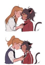 Rule 34 | 2girls, adora, adora (she-ra), animal ears, bandaid, black hair, blonde hair, blue eyes, cat ears, cat girl, cat tail, catra, freckles, gohak, heterochromia, highres, long hair, looking at another, masters of the universe, multiple girls, necktie, ponytail, she-ra, she-ra and the princesses of power, short hair, simple background, tail, white background, yellow eyes