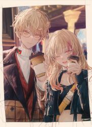 Rule 34 | 1boy, 1girl, ;d, alternate costume, alternate hairstyle, black jacket, black tank top, blonde hair, brother and sister, closed mouth, coat, coffee cup, cropped jacket, cup, curly hair, day, disposable cup, glasses, highres, jacket, leather, leather jacket, long hair, long sleeves, looking at viewer, official alternate costume, official alternate hairstyle, one eye closed, open mouth, orange eyes, outdoors, plaid, plaid coat, project sekai, short hair, siblings, smile, standing, tank top, teeth, tenma saki, tenma tsukasa, tkkr07, turtleneck, upper body, upper teeth only, white-framed eyewear