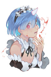 Rule 34 | bare shoulders, black sleeves, blood, blood on face, blood on hands, blue eyes, breasts, cleavage, detached sleeves, heterochromia, horns, hungry clicker, maid, maid headdress, re:zero kara hajimeru isekai seikatsu, red eyes, rem (re:zero), simple background, single horn, small breasts, white background, wide sleeves