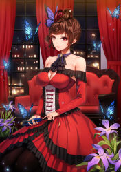 Rule 34 | 10s, 1girl, bare shoulders, black legwear, breasts, brown hair, bug, butterfly, closed mouth, collarbone, couch, curtains, dress, flower, highres, holding, indoors, bug, kneeling, large breasts, light smile, long sleeves, night, obaoba (monkeyix), plant, potted plant, red dress, red eyes, solo, sparkle, window, yuugiri (zombie land saga), zombie land saga