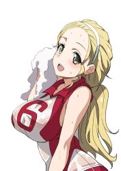 Rule 34 | 10s, 1girl, blonde hair, breasts, girls und panzer, green eyes, hairband, impossible clothes, impossible shirt, inue shinsuke, large breasts, long hair, looking at viewer, open mouth, ponytail, sasaki akebi, shirt, simple background, smile, solo, sportswear, sweat, towel, volleyball uniform, wet, wet clothes, white background