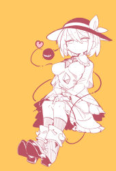 Rule 34 | 1girl, blouse, boots, breasts, closed mouth, ears visible through hair, frilled skirt, frilled sleeves, frills, full body, hair between eyes, half-closed eyes, hat, hat ribbon, heart, highres, komeiji koishi, limited palette, long sleeves, looking at viewer, massakasama, ribbon, see-through, see-through skirt, shirt, short hair, simple background, skirt, solo, third eye, touhou, wide sleeves, yellow background