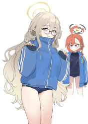 Rule 34 | 2girls, absurdres, ahoge, akane (blue archive), black shirt, blue archive, blue jacket, braid, brown eyes, brown hair, buruma, closed mouth, cropped legs, glasses, halo, hands up, highres, jacket, long hair, looking at viewer, multiple girls, neru (blue archive), open clothes, open jacket, open mouth, orange hair, red eyes, shirt, sidelocks, simple background, single braid, sleeves past wrists, smile, solo focus, standing, sweat, v-shaped eyebrows, white background, yanyo (ogino atsuki)