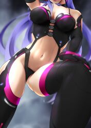 Rule 34 | 1girl, absurdres, black thighhighs, blue hair, blush, breasts, digitalfragment, earrings, elbow gloves, gloves, hair between eyes, head out of frame, highres, iris heart, jewelry, kami jigen game neptune v, large breasts, long hair, navel, neptune (series), pink eyes, power symbol, skindentation, solo, symbol-shaped pupils, thighhighs