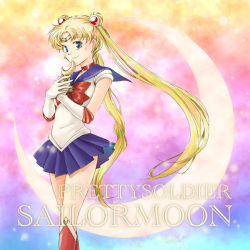 Rule 34 | 1990s (style), 1girl, bad id, bad pixiv id, bishoujo senshi sailor moon, bishoujo senshi sailor moon (first season), blonde hair, blue eyes, blue sailor collar, blue skirt, boots, bow, bun cover, choker, copyright name, crescent moon, double bun, earrings, gloves, hair bun, jewelry, knee boots, long hair, magical girl, moon, moon stick, rainbow background, red bow, retro artstyle, sailor collar, sailor moon, skirt, solo, tsukino usagi, twintails, very long hair, violetcoral, wand, white gloves