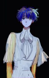 Rule 34 | 1other, androgynous, ascot, black background, blue eyes, blue hair, blunt bangs, bodysuit, bowl cut, frown, gold, golden arms, heterochromia, high collar, highres, houseki no kuni, looking at viewer, messy hair, ochio, other focus, phosphophyllite, phosphophyllite (ll), sad, see-through, see-through sleeves, short hair, simple background, solo, upper body, white ascot, white bodysuit, wide sleeves, wing collar, yellow eyes