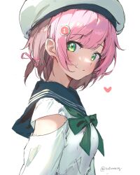 Rule 34 | 1girl, beret, blue sailor collar, blush, bow, bowtie, breasts, clothing cutout, from side, green bow, green bowtie, green eyes, hair ornament, hairpin, hat, heart, looking at viewer, osu!, pink hair, pippi (osu!), sailor collar, short hair, shoulder cutout, simple background, sketch, small breasts, solo, tofumang, twitter username, upper body, white background, white hat