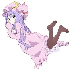 Rule 34 | 1girl, ass, crescent, crescent hat ornament, feet up, hat, hat ornament, kt kkz, long hair, looking at viewer, looking back, lying, mob cap, on stomach, pantyhose, patchouli knowledge, purple eyes, purple hair, simple background, solo, touhou