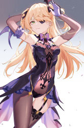 Rule 34 | 1girl, armpits, arms up, bare shoulders, black dress, black gloves, blonde hair, bow, bowtie, breasts, brown thighhighs, closed mouth, cowboy shot, detached sleeves, dress, eyepatch, fischl (genshin impact), frills, garter straps, genshin impact, gloves, green eyes, hair over one eye, highres, long hair, looking at viewer, nihnfinite8, revealing clothes, single leg pantyhose, single thighhigh, small breasts, solo, thigh gap, thighhighs