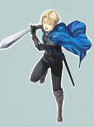Rule 34 | 1boy, armor, bad id, bad pixiv id, blue background, blue eyes, boots, cape, dimitri alexandre blaiddyd, fire emblem, fire emblem: three houses, gloves, highres, male focus, nintendo, open mouth, remon99, solo, sword, teeth, weapon