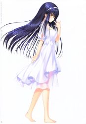 Rule 34 | 1girl, absurdres, barefoot, blue hair, closed mouth, copyright name, dress, floating hair, from side, full body, hairband, highres, kushima kamome, long hair, looking at viewer, na-ga, official art, profile, short sleeves, simple background, smile, solo, standing, summer pockets, sundress, very long hair, white background, white dress, white hairband, yellow eyes