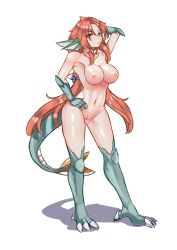 Rule 34 | 1girl, bow, breasts, dragon girl, granberia, headfin, highres, large breasts, mon-musu quest!, monster girl, nude, pussy, red hair, solo, tail, yellow eyes