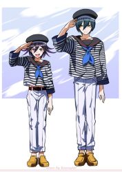 Rule 34 | 2boys, :d, artist name, belt, black hair, black headwear, black sailor collar, brown belt, brown footwear, collarbone, commentary request, danganronpa (series), danganronpa v3: killing harmony, flipped hair, frown, full body, hair between eyes, hand up, hat, height difference, kuangtai (amami ryoko), long sleeves, male focus, multiple boys, neckerchief, oma kokichi, open mouth, pants, purple eyes, saihara shuichi, sailor collar, sailor hat, sailor shirt, shirt, short hair, smile, standing, striped clothes, striped shirt, teeth, twitter username, upper teeth only, white background, white pants, wide sleeves