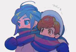 Rule 34 | 2boys, aqua eyes, blue hair, blush stickers, brown eyes, brown hair, cold, commentary request, creatures (company), florian (pokemon), game freak, grey background, grey hair, grusha (pokemon), hat, male focus, multiple boys, nintendo, pokemon, pokemon sv, scarf, shared clothes, shared scarf, simple background, snot, striped clothes, striped scarf, tears, thxzmgn, translation request, two-tone scarf, upper body