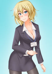 1girl, anti (untea9), black legwear, black skirt, blonde hair, blue background, blue eyes, blush, braid, breasts, business suit, cleavage, collared shirt, colorado (kancolle), commentary request, cowboy shot, dress shirt, formal, gradient, gradient background, highres, id card, kantai collection, lanyard, large breasts, looking at viewer, medium breasts, office lady, pantyhose, pencil skirt, shirt, short hair, skirt, skirt suit, smile, solo, suit, white shirt