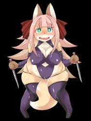 Rule 34 | 1girl, breasts, female focus, fox, full body, furry, furry female, green eyes, highres, knife, long hair, ninja clothes, open mouth, pink hair, shinobe, simple background, solo