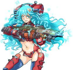 Rule 34 | 1girl, armor, backpack, bag, blue eyes, blue hair, butterfly on hair, crazy smile, electricity, electrokinesis, firing, gloves, gun, hmage, machine gun, mecha musume, monarch (titanfall 2), parted lips, simple background, skindentation, smile, stomach, thighhighs, thighs, titanfall, titanfall (series), titanfall 2, transparent background, weapon