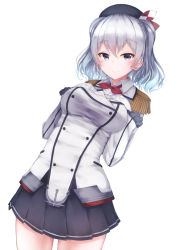Rule 34 | 10s, 1girl, ascot, bad id, bad pixiv id, breast suppress, breasts, cowboy shot, dutch angle, epaulettes, female focus, gloves, grey eyes, hands on own chest, hat, highres, kantai collection, kashima (kancolle), large breasts, long sleeves, looking at viewer, military, military uniform, miniskirt, pleated skirt, rerrere, shirt, silver hair, simple background, skirt, smile, solo, taut clothes, taut shirt, thighs, tsurime, two side up, uniform, white background, white gloves