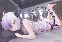Rule 34 | 1girl, ass, barefoot, bed sheet, choker, closed mouth, demon girl, demon horns, demon tail, flat chest, hololive, horns, indoors, la+ darknesss, long hair, looking at viewer, lying, mujinbensin, nightgown, on bed, on stomach, panties, pillow, pointy ears, purple eyes, purple hair, purple panties, smile, solo, tail, underwear, virtual youtuber, white hair, yellow eyes