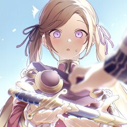 1girl 1other :o ^^^ aged_down blue_sky blush brown_hair commentary dot_nose edelgard_von_hresvelg fire_emblem fire_emblem:_three_houses highres holding holding_sword holding_weapon nintendo purple_eyes raised_eyebrows sky soma_otakuu surprised sweat sword symbol-only_commentary twintails weapon