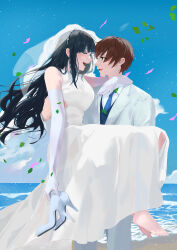 Rule 34 | 1boy, 1girl, absurdres, arm around neck, barefoot, beach, black hair, blue necktie, brown hair, carrying, crying, day, dress, elbow gloves, eye contact, formal, gloves, green eyes, hetero, highres, holding, holding shoes, kimi wo aishita hitori no boku e, long hair, looking at another, necktie, open mouth, outdoors, princess carry, qto toto, satou shiori (kimiai), shoes, short hair, suit, takasaki koyomi, unworn shoes, wedding dress, white dress, white gloves, white suit