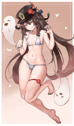 Rule 34 | 1girl, :p, bikini, black headwear, black nails, boo tao (genshin impact), breasts, bright pupils, brown hair, chroong, closed mouth, flower-shaped pupils, full body, genshin impact, ghost, gradient background, hands up, highres, hu tao (genshin impact), long hair, looking at viewer, mixed-language commentary, nail polish, navel, orange eyes, small breasts, solo, swimsuit, symbol-shaped pupils, thigh strap, toenail polish, toenails, tongue, tongue out, twintails, white bikini, white pupils