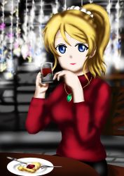 Rule 34 | 1girl, artist request, ayase eli, blonde hair, blue eyes, blush, breasts, cake, cup, drinking glass, elbow on table, female focus, food, hair between eyes, hair ornament, hair scrunchie, highres, holding, holding drinking glass, jewelry, long hair, looking at viewer, love live!, love live! school idol project, medium breasts, necklace, parted lips, pendant, plate, ponytail, red sweater, scrunchie, sirjonesiii, sitting, sitting on table, smile, solo, sweater, table, white scrunchie