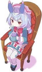 Rule 34 | 1girl, bad tag, blush, bow, chair, drinking, gloves, grey hair, hat, red bow, red eyes, shoes, sigewinne (genshin impact), sitting, solo, straw, white background, white gloves, white hat