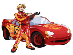 Rule 34 | 1boy, black gloves, blonde hair, car, cars (movie), gloves, unworn gloves, green eyes, grin, highres, lightning mcqueen, male focus, motor vehicle, personification, putting on gloves, racing suit, smile, solo, tina fate, vehicle focus