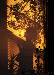 Rule 34 | 1girl, window blinds, branch, flower, from side, highres, holding, holding flower, original, shadow, short hair, signature, silhouette, skyrick9413, solo, sun, sunlight, tree, window, yellow theme