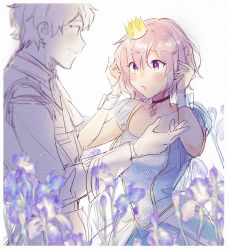 Rule 34 | 1boy, 1girl, :o, alternate costume, blue dress, blush, breasts, closed mouth, collarbone, commentary, crown, dress, epaulettes, eye contact, fate/grand order, fate (series), flower, formal, fujimaru ritsuka (male), fujimaru ritsuka (male) (halloween royalty), hair between eyes, height difference, light purple hair, looking at another, mash kyrielight, medium breasts, mini crown, official alternate costume, partially colored, puffy short sleeves, puffy sleeves, purple eyes, purple flower, short hair, short sleeves, smile, upper body, wani (mezo), white background, wrist cuffs