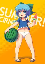 Rule 34 | 1girl, blue eyes, blue hair, blueberry (5959), bow, character name, cirno, food, fruit, hair bow, highres, holding, holding food, holding fruit, matching hair/eyes, panties, popsicle, sandals, short hair, solo, touhou, touhou hisoutensoku, underwear, watermelon, watermelon bar, wings