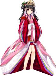 Rule 34 | 1girl, absurdres, black hair, blush, gloves, hands on own face, haruru minamo ni!, headdress, highres, japanese clothes, long hair, long sleeves, looking at viewer, official art, red eyes, shintarou, smile, solo, transparent background, white gloves, wide sleeves, yamagami miori