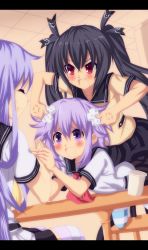 Rule 34 | 10s, 3girls, absurdres, anger vein, black hair, blush, d-pad, gradient background, hair ornament, highres, long hair, multiple girls, nepgear, neptune (neptunia), neptune (series), noire (neptunia), planeptune, purple eyes, purple hair, red eyes, school uniform, siblings, sisters, smile, striped clothes, striped legwear, striped thighhighs, tears, thighhighs, twintails