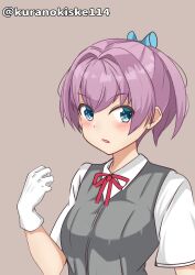 Rule 34 | 1girl, blue eyes, collared shirt, dress shirt, gloves, grey background, grey vest, hair ornament, highres, kantai collection, kurano kisuke, looking at viewer, one-hour drawing challenge, ponytail, purple eyes, red ribbon, ribbon, shiranui (kancolle), shirt, short hair, solo, twitter username, upper body, vest, white gloves, white shirt