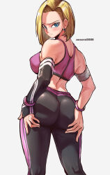 Rule 34 | 1girl, alternate costume, android 18, aosora2823, armband, artist name, ass, ass grab, asymmetrical bangs, back, black pants, blonde hair, blue eyes, blush, bra, bracelet, breasts, closed mouth, commentary, commission, detached sleeves, dragon ball, dragonball z, earrings, feet out of frame, furrowed brow, glaring, grabbing own ass, grey background, hands on own ass, highres, jewelry, looking at viewer, medium breasts, pants, parted bangs, purple bra, short hair, simple background, single detached sleeve, skeb commission, solo, sports bra, standing, tight clothes, tight pants, tsurime, underwear, yoga pants