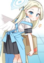 Rule 34 | 1girl, apron, black skirt, blonde hair, blue apron, blue archive, blue eyes, blurry, blurry background, blush, box, cardboard box, commentary request, dash b, depth of field, feathered wings, feet out of frame, forehead, from side, halo, highres, holding, holding box, long hair, looking at viewer, looking to the side, low wings, notice lines, pleated skirt, shirt, short sleeves, skirt, socks, solo, sora (blue archive), standing, tile floor, tiles, very long hair, white background, white shirt, white socks, white wings, wings