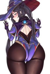 Rule 34 | 1girl, ass, ass focus, black hair, black pantyhose, blush, bodysuit, bodysuit under clothes, cameltoe, cape, ckhd, detached sleeves, from behind, genshin impact, gloves, green eyes, hair ornament, hat, highres, huge ass, hydro (genshin impact), leotard, long hair, looking at viewer, looking back, mona (genshin impact), pantyhose, purple hat, shiny clothes, solo, thighlet, twintails, very long hair, vision (genshin impact), white background