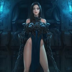 Rule 34 | 1girl, armor, arrow (projectile), bare shoulders, black hair, blue eyes, breastplate, breasts, commentary, daeho cha, door, dress, dual wielding, fantasy, gauntlets, green dress, highres, holding, holding weapon, large breasts, long hair, no panties, open mouth, original, outdoors, pelvic curtain, red lips, signature, solo, teeth, weapon