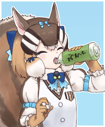 Rule 34 | 1girl, blue bow, blue bowtie, bottle, bow, bowtie, brown gloves, brown hair, brown shirt, center frills, chipmunk ears, chipmunk girl, chipmunk tail, closed eyes, drinking, elbow gloves, extra ears, frills, fur collar, gloves, hair bow, highres, juliet sleeves, kemono friends, kemono friends v project, light brown hair, long sleeves, multicolored hair, puffy sleeves, rumenia (ao2is), shirt, short hair, siberian chipmunk (kemono friends), sidelocks, solo, translation request, two-tone shirt, upper body, virtual youtuber, water bottle, white fur, white hair, white shirt