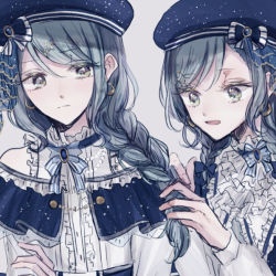 Rule 34 | 2girls, 37 (pakuchiii), bad id, bad pixiv id, bang dream!, beret, blue hat, blue neckwear, bow, braid, braiding hair, center frills, earrings, frilled shirt collar, frills, frown, gemini (constellation), grey background, hairdressing, hat, hat bow, hikawa hina, hikawa sayo, jewelry, long hair, long sleeves, looking at another, multiple girls, neck ribbon, open mouth, print headwear, ribbon, short hair, siblings, side braids, sisters, smile, starry sky print, striped neckwear, twins, upper body