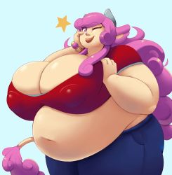 Rule 34 | 1girl, animal ears, belly, bracelet, breasts, cleavage, cow ears, cow horns, cow tail, curly hair, denim, eikasianspire, fat, highres, horns, huge breasts, jewelry, long hair, muffin top, obese, one eye closed, pink eyes, pink hair, solo, tail, thick thighs, thighs, wink
