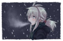 Rule 34 | 1girl, antenna hair, black jacket, breath, commentary request, from side, green eyes, green scarf, grey hair, hair between eyes, hood, hood down, hooded jacket, jacket, koshirae tsurugi (m.m), long hair, low ponytail, m.m, open mouth, original, ponytail, profile, scarf, snowing, solo