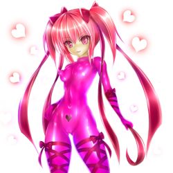 Rule 34 | 1girl, bodysuit, breasts, cameltoe, covered erect nipples, heart, highres, latex, pink eyes, pink hair, puffy nipples, ribbon, ronald (takeronald), small breasts, smile, solo, takeronald, twintails