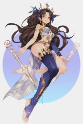 Rule 34 | 1girl, armlet, bare legs, bare shoulders, barefoot, blue ribbon, blue thighhighs, blush, breasts, bridal legwear, brown hair, collar, detached sleeves, earrings, fate/grand order, fate (series), floating, floating object, from below, full body, gem, hair ribbon, highres, ishtar (fate), jewelry, leg up, legs, long hair, long sleeves, looking at viewer, looking down, medium breasts, orangesekaii, parted bangs, red eyes, ribbon, single detached sleeve, single thighhigh, solo, stirrup legwear, sword, thighhighs, toeless legwear, toes, tohsaka rin, two side up, very long hair, weapon