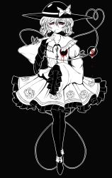 Rule 34 | 1girl, blood, bloody tears, blouse, bow, buttons, closed mouth, collarbone, commentary, diamond button, finger to own chin, floral print, frilled shirt collar, frilled skirt, frilled sleeves, frills, full body, greyscale, hair between eyes, hand up, hat, hat bow, heart, heart of string, high contrast, highres, komeiji koishi, liujunmin, long sleeves, monochrome, red eyes, ribbon, rose print, shirt, shoes, short hair, skirt, smile, solo, spot color, standing, thighhighs, third eye, touhou, tsurime, wide sleeves
